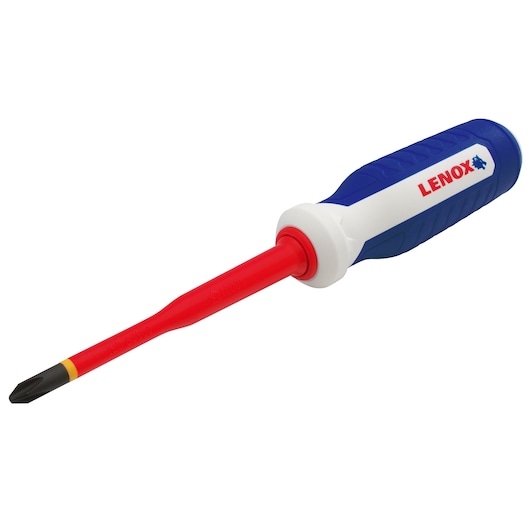LENOX insulated Phillips screwdriver LXHT60906 with blue and white handle, red shaft, white background, side angle.