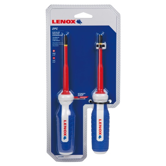 LENOX LXHT60906 insulated two-piece screwdriver set with white and blue handles, front packaging view.