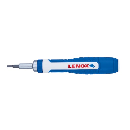 Photo of LENOX LXHT60917 screwdriver with blue and white handle, side view on white background.