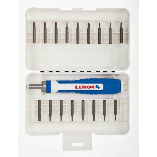 LENOX LXHT60917 screwdriver set with blue and white handle and multiple bits in open white plastic case, top view.