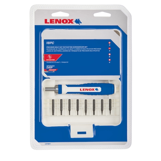 LENOX LXHT60917 precision multi-bit ratcheting screwdriver set, 18 pieces, blue and white handle, front view on white background.