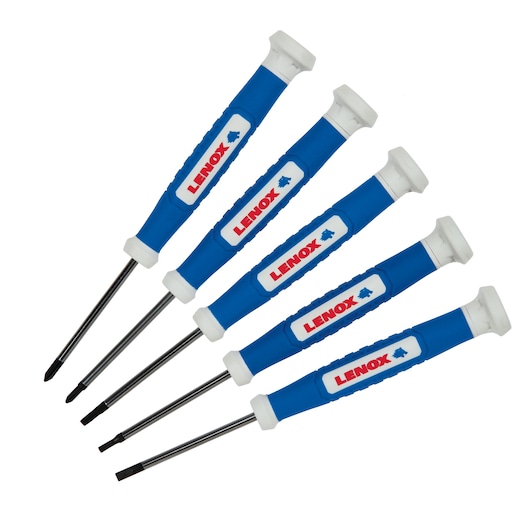 LENOX LXHT60918 precision screwdriver set, blue and white handles, flat and Phillips tips, top view.