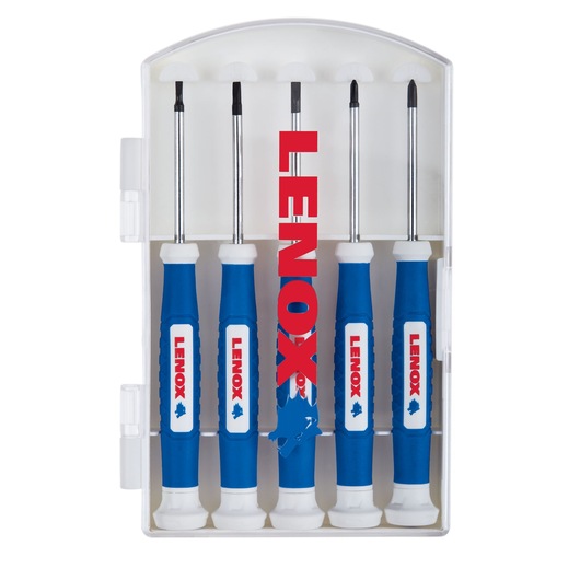 LENOX precision screwdriver set LXHT60918, five blue and white screwdrivers in clear plastic case, front angle.