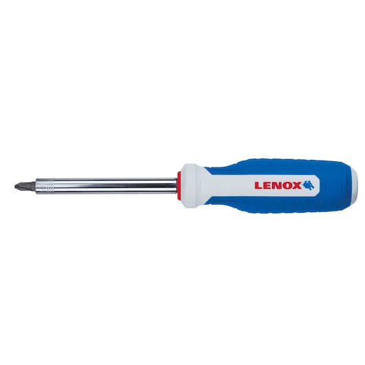 Photo of LENOX LXHT60924 screwdriver with blue and white handle, side view on white background.