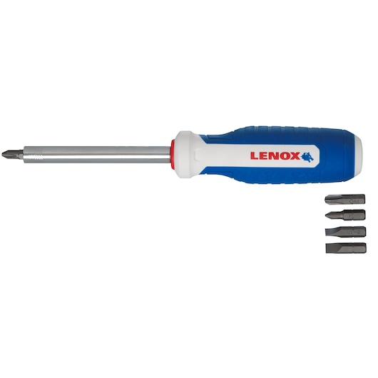 LENOX LXHT60924 multi-bit screwdriver with blue and white handle and four interchangeable bits, side view