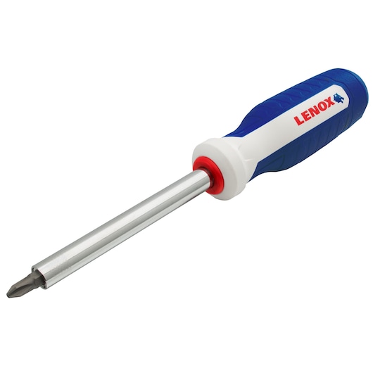 Photo of LENOX LXHT60924 screwdriver with blue and white handle, red accent, and Phillips head, angled on white background.