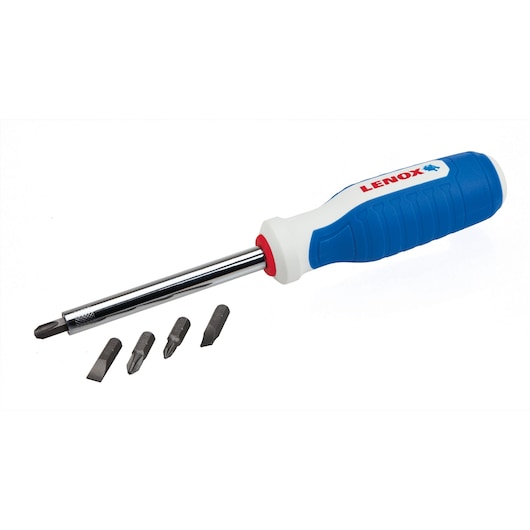 Photo of LENOX LXHT60924 multi-bit screwdriver with blue and white handle and four interchangeable bits, on white background.