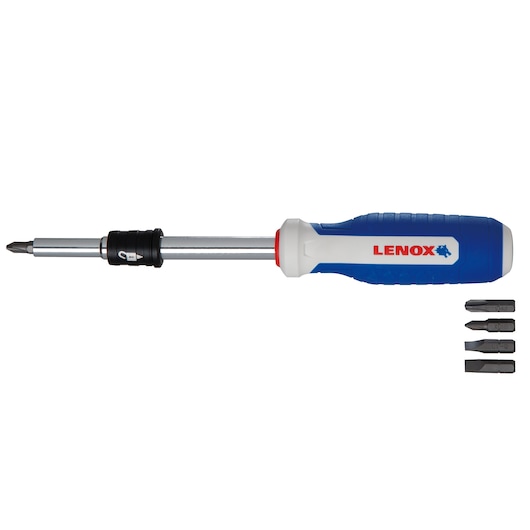 LENOX LXHT60925 screwdriver with blue and white handle and four interchangeable bits, side view on white background.