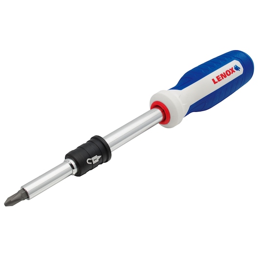 LENOX LXHT60925 multi-bit screwdriver with blue and white handle, metal shaft, and interchangeable bit, side angle.