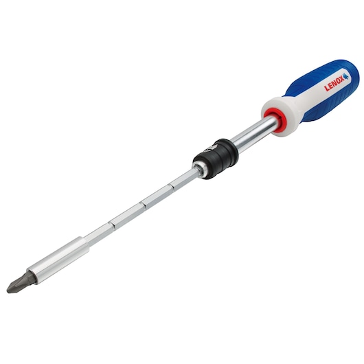 LENOX LXHT60925 multi-bit screwdriver with blue and white handle, shown at angle on white background.