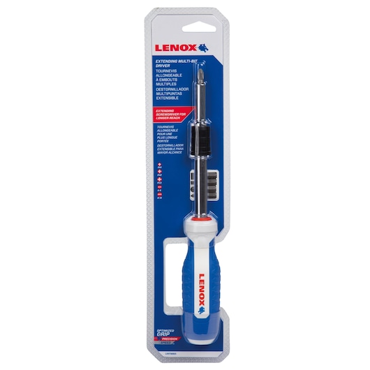 LENOX LXHT60925 multi-bit screwdriver in blue and white, packaged on blue card, front angle.