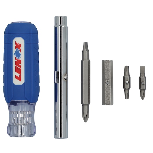 LENOX LXHT68000N screwdriver set with blue handle, chrome shaft, and four interchangeable bits, front view on white.