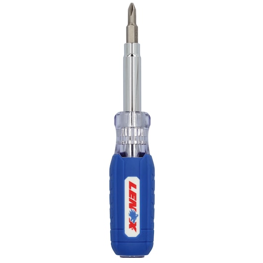 LENOX blue multi-bit screwdriver with Phillips bit, clear and blue handle, LXHT68000N, product front view on white.