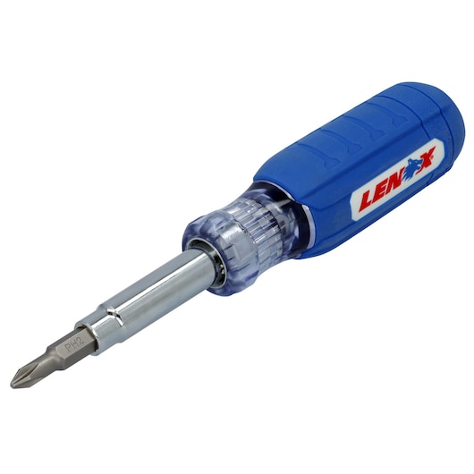 LENOX LXHT68000N screwdriver with blue ergonomic handle and metal shaft, photographed on white background.