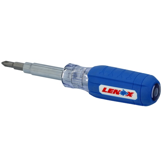LENOX LXHT68000N screwdriver with blue ergonomic handle and Philips bit, side angle, white background.