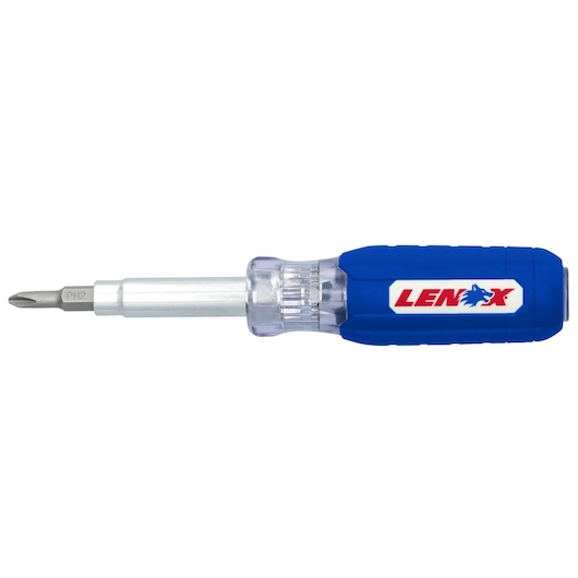 LENOX LXHT68005N screwdriver with blue handle, clear collar, and PH2 bit, side angle, white background.