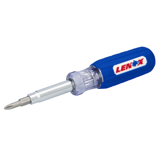 LENOX LXHT68005N blue multi-bit screwdriver with visible Phillips bit, angled on white background.