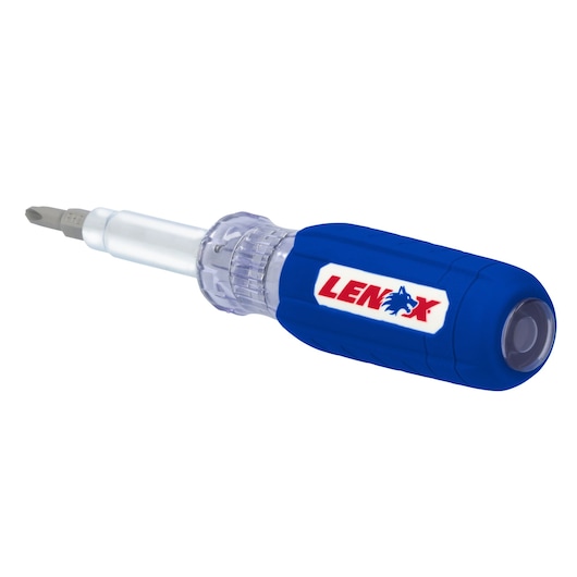 LENOX LXHT68005N blue multi-bit screwdriver with clear collar, side angle on white background