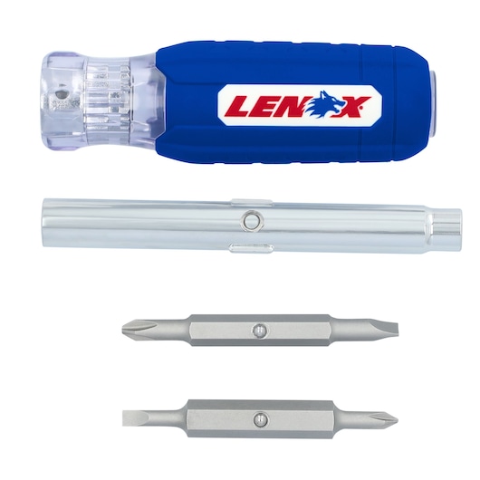 LENOX LXHT68005N screwdriver set with blue handle, metallic shaft, and two interchangeable bits, photo front view.