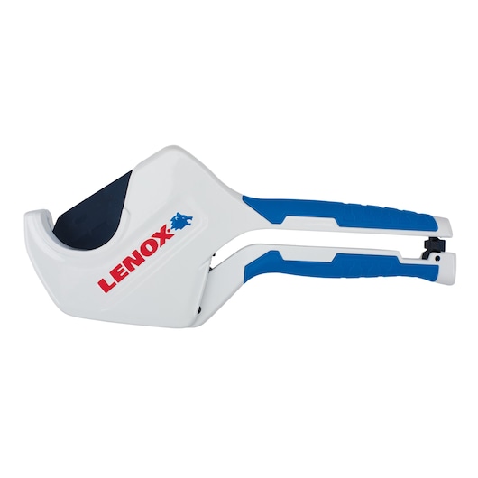 LENOX LXHT80822 white and blue pipe cutter, right-side angle, photography on white background.