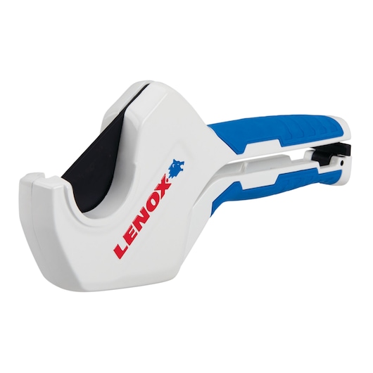 Photo of LENOX LXHT80822 white and blue pipe cutter tool on white background.
