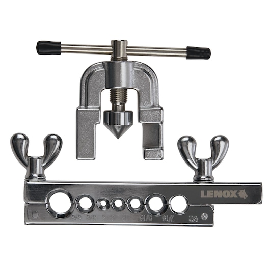 LENOX LXHT82250 flaring tool set with multiple hole sizes, photographed from the front on white background.