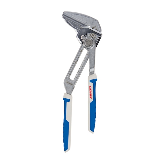 LENOX adjustable pliers LXHT90540 with blue and white handles, side angle photography on white background.