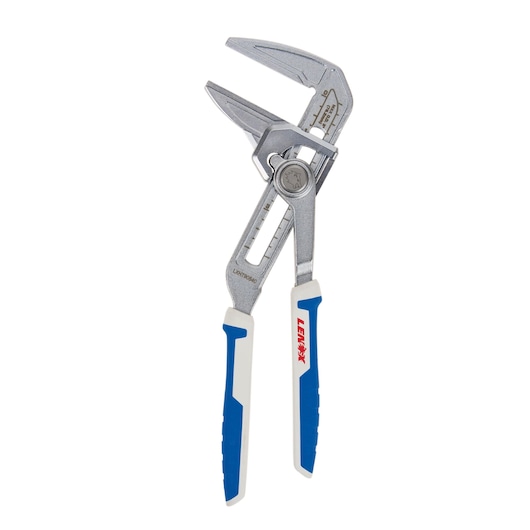 LENOX adjustable pliers LXHT90540 with blue and white grips, angled jaws, front view on white background.