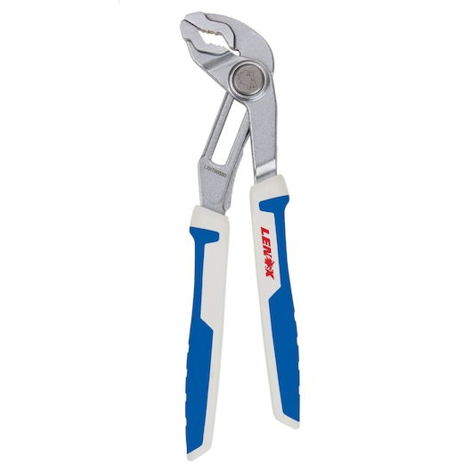 LENOX LXHT90550 groove joint pliers with blue and white handles, front angle, on white background.