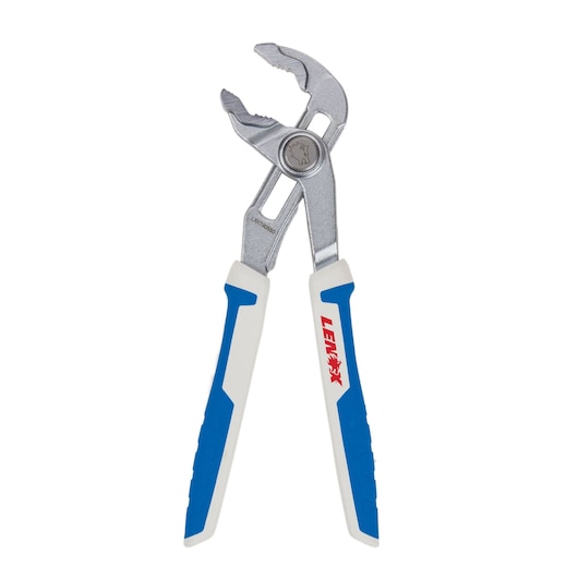Photo of LENOX adjustable pliers with blue and white handles, front angle, LXHT90550.