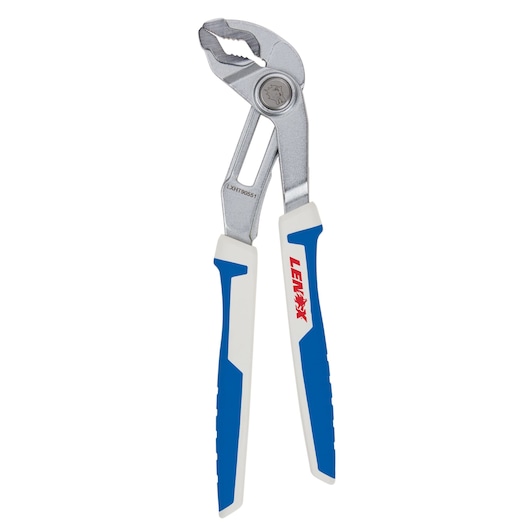 LENOX adjustable groove joint pliers with blue and white grips, front angle, SKU LXHT90551.