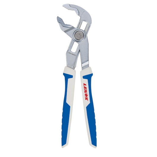 LENOX LXHT90551 adjustable pliers with blue and white handles, front angle on white background.