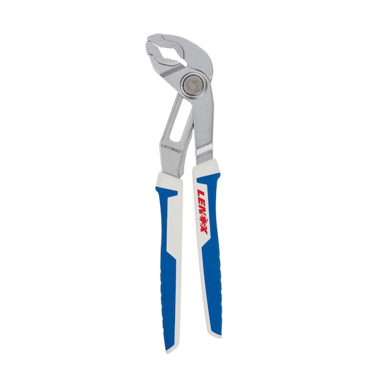 Photo of LENOX adjustable groove joint pliers with blue and white handles, LXHT90552, front angle.