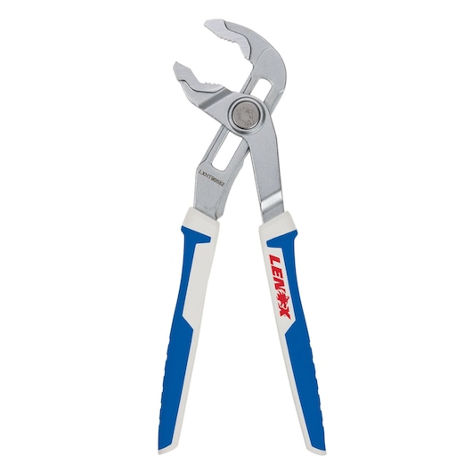 Photo of LENOX groove joint pliers LXHT90552 with blue and white handles, front angle on white background.