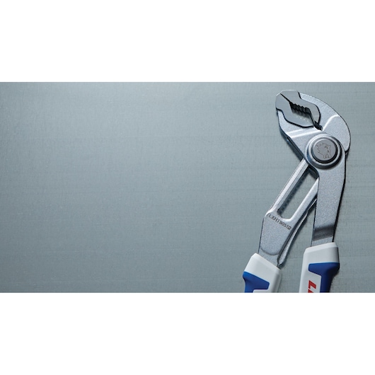 LENOX LXHT90552 groove joint pliers with blue and white handles, angled on gray background.