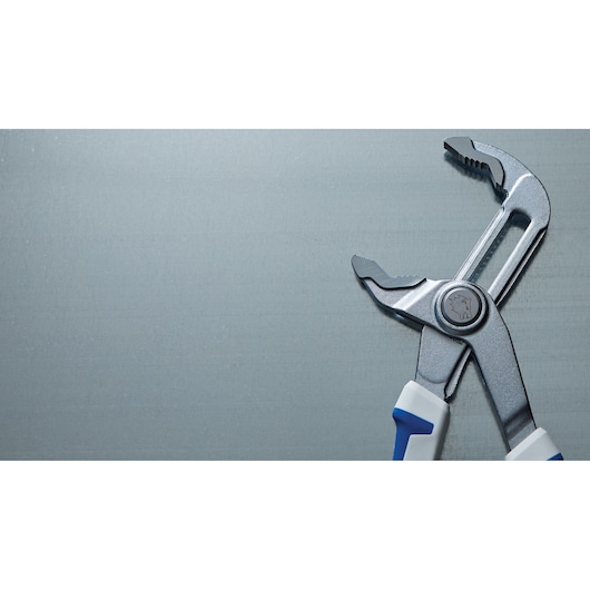 LENOX adjustable groove joint pliers with blue and white handles, LXHT90552, close-up right angle.