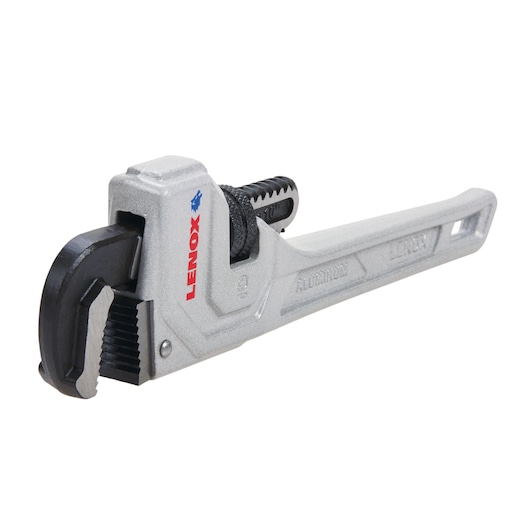 LENOX LXHT90610 silver pipe wrench with black jaw, angled view on white background.