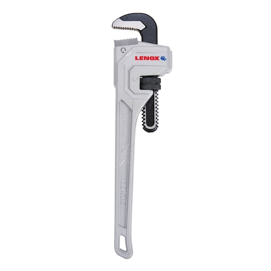 Photo of LENOX LXHT90614 aluminum pipe wrench, silver with black jaw, shown on white background, front angle.