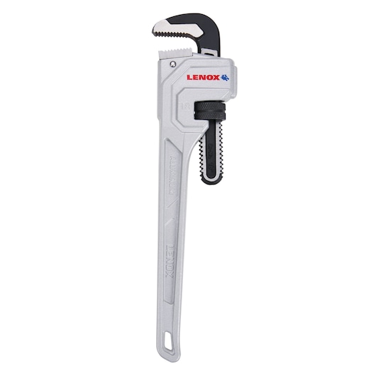 Photo of LENOX LXHT90618 aluminum pipe wrench with silver handle and adjustable black jaw, front angle.
