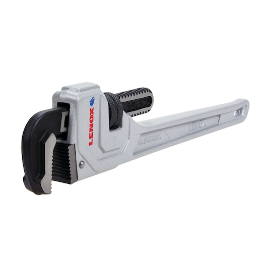 LENOX LXHT90618 silver aluminum pipe wrench, angled view on white background, black adjustable jaw.