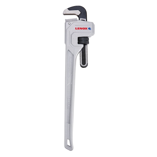 Photo of LENOX LXHT90624 aluminum pipe wrench, silver finish, adjustable jaw, shown on white background.