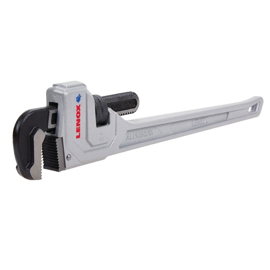 LENOX LXHT90624 aluminum pipe wrench, silver and black, angled side view on white background.