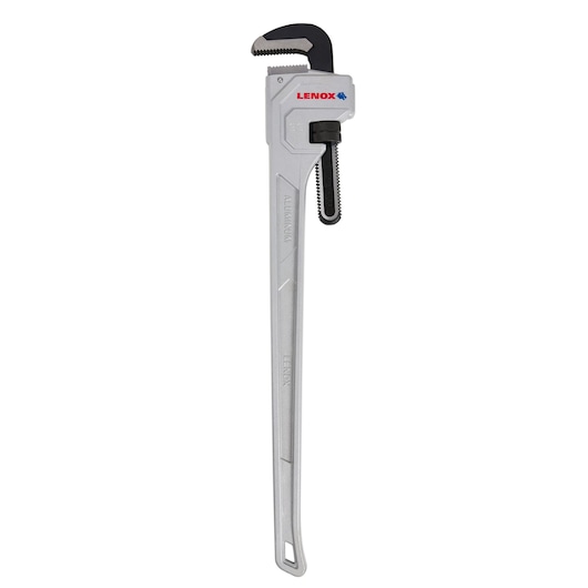 LENOX LXHT90636 aluminum pipe wrench with long silver handle, side view on white background.
