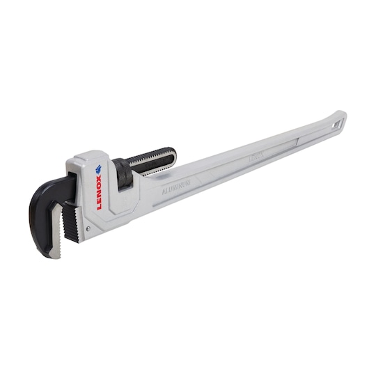 Photo of LENOX LXHT90636 silver aluminum pipe wrench with black jaws, angled on white background.