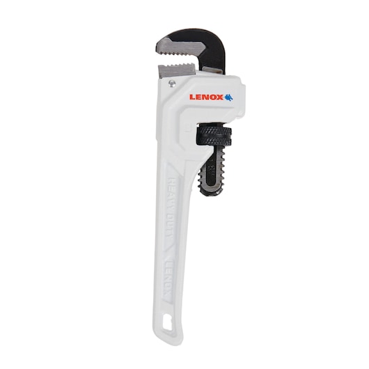 Photo of LENOX LXHT90708 heavy-duty pipe wrench, white handle, black adjustment gear, front angle on white background.