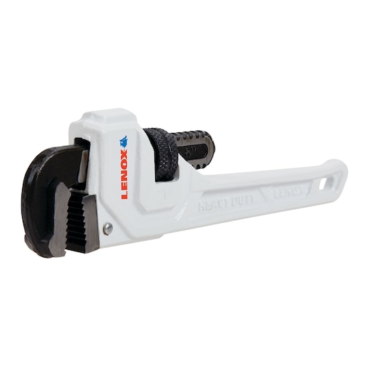 Photo of LENOX LXHT90708 heavy duty white pipe wrench, side angle on white background.