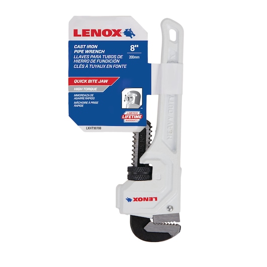LENOX LXHT90708 cast iron pipe wrench, 8 inch, white and black, front view on white background.