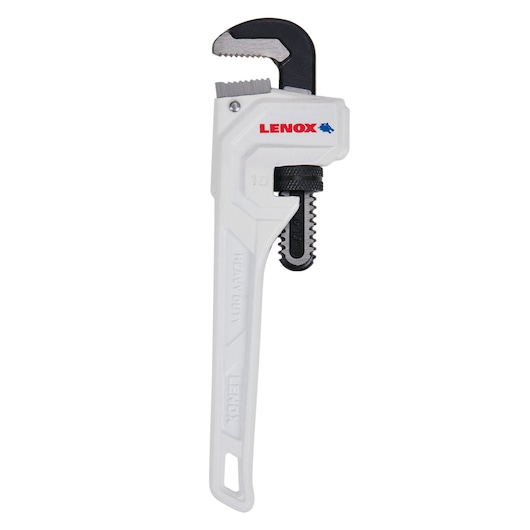 Photo of LENOX LXHT90710 white heavy-duty pipe wrench with black adjustable jaw, front angle on white background.