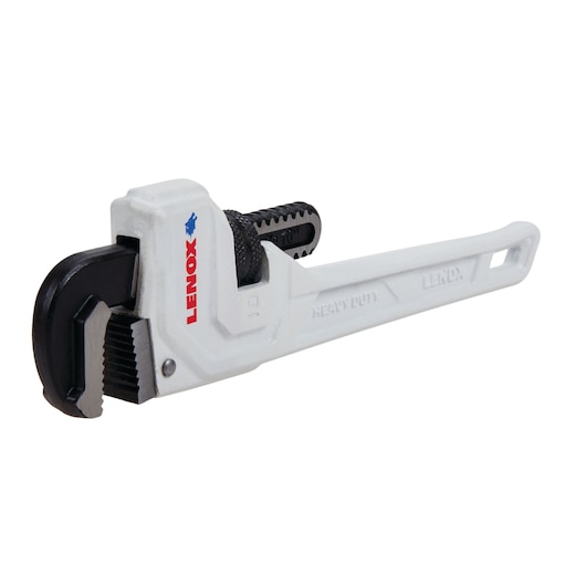 Photo of LENOX LXHT90710 heavy-duty pipe wrench, white body with black adjustable jaw, angled on white background.