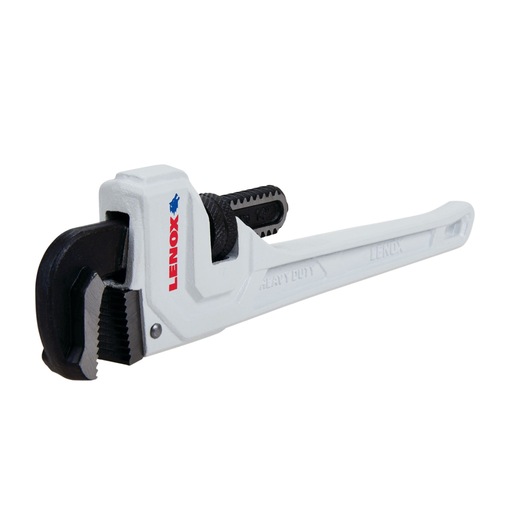 LENOX LXHT90714 heavy duty pipe wrench, white and black, front angle on white background.